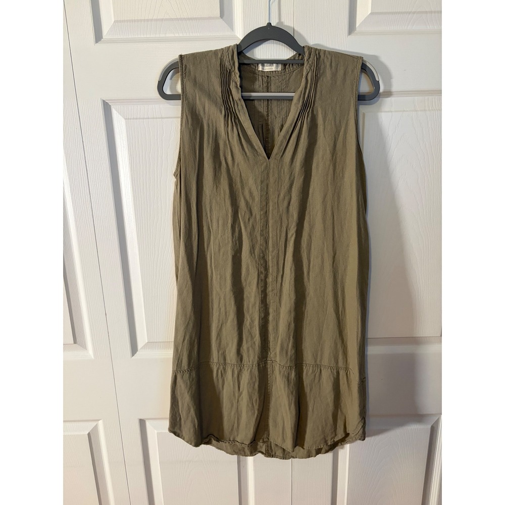4Our Dreamers Womens Olive Green Linen Blend Pintuck V-Neck Shift Dress Medium
